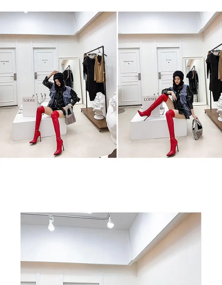 Sgesvier Over Knee Boots Women's Shiny Patent Leather Sexy Thigh Boots High Heels Jazz Dance Pointed Toe Thin Heels