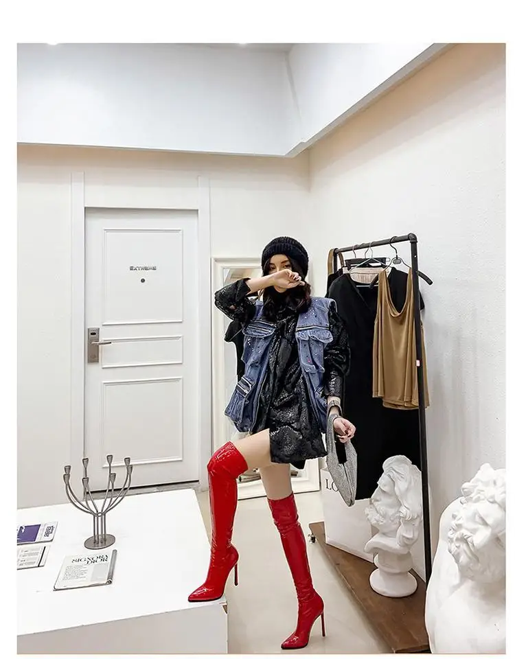 Sgesvier Over Knee Boots Women's Shiny Patent Leather Sexy Thigh Boots High Heels Jazz Dance Pointed Toe Thin Heels