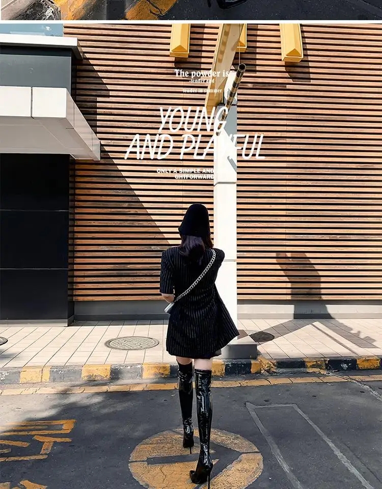 Sgesvier Over Knee Boots Women's Shiny Patent Leather Sexy Thigh Boots High Heels Jazz Dance Pointed Toe Thin Heels