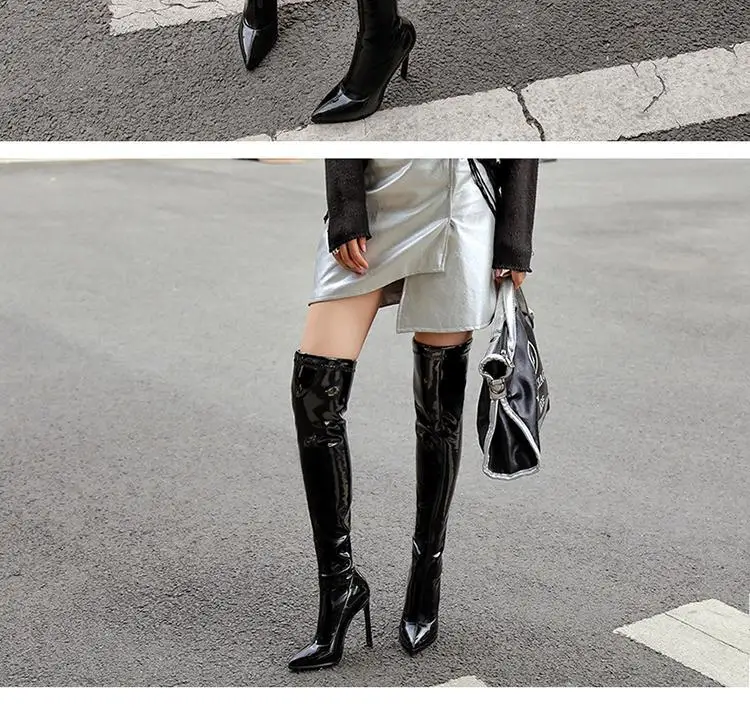 Sgesvier Over Knee Boots Women's Shiny Patent Leather Sexy Thigh Boots High Heels Jazz Dance Pointed Toe Thin Heels