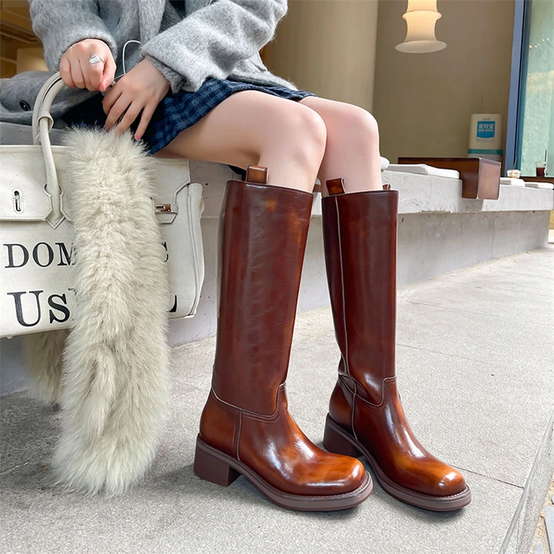 Meotina Women Genuine Leather Knee High Boots Round Toe Platform Thick Mid Heels Long Boot Ladies Fashion Shoes Autumn Winter