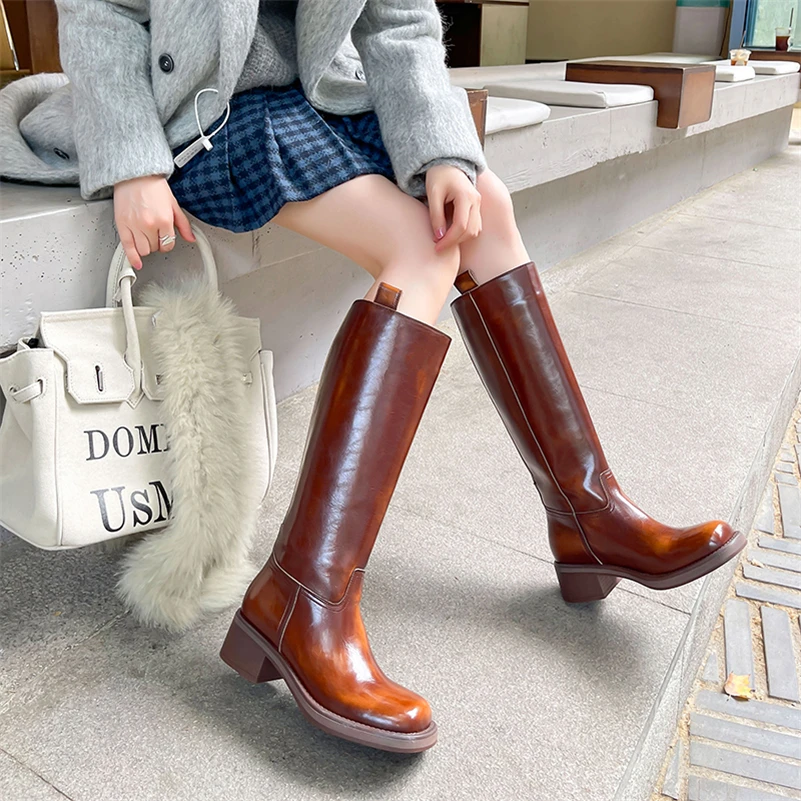 Meotina Women Genuine Leather Knee High Boots Round Toe Platform Thick Mid Heels Long Boot Ladies Fashion Shoes Autumn Winter