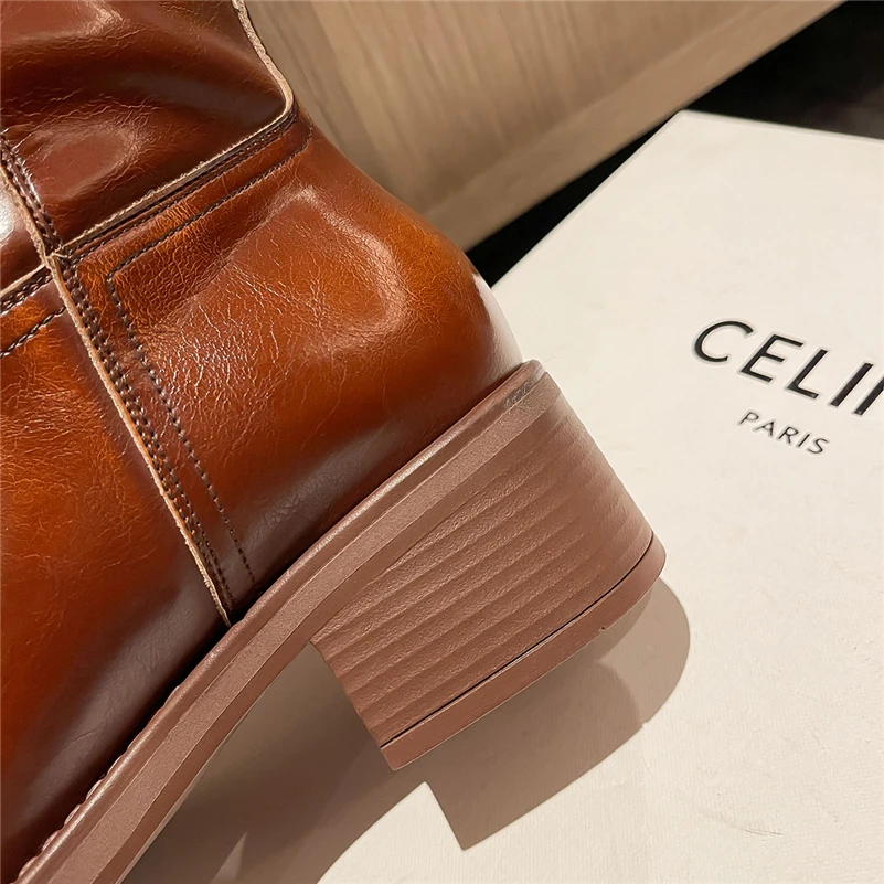 Meotina Women Genuine Leather Knee High Boots Round Toe Platform Thick Mid Heels Long Boot Ladies Fashion Shoes Autumn Winter
