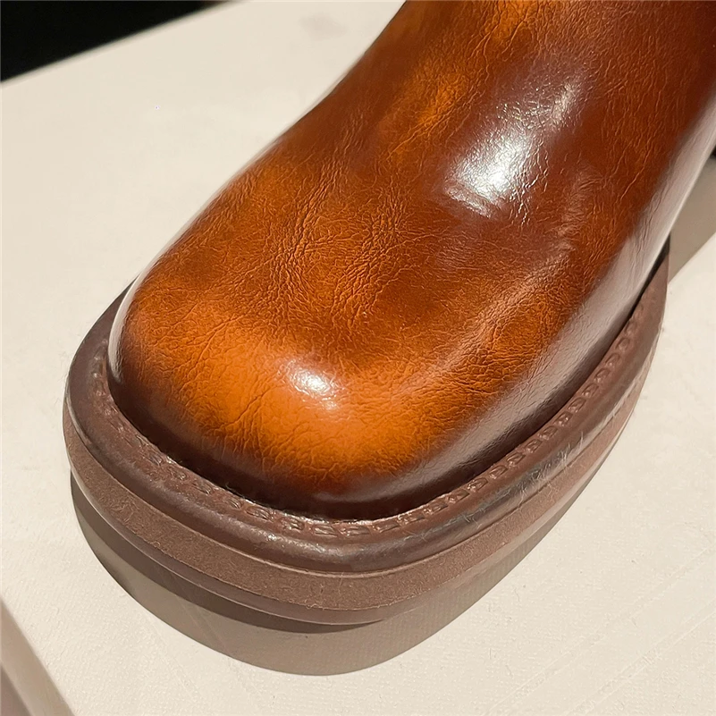 Meotina Women Genuine Leather Knee High Boots Round Toe Platform Thick Mid Heels Long Boot Ladies Fashion Shoes Autumn Winter
