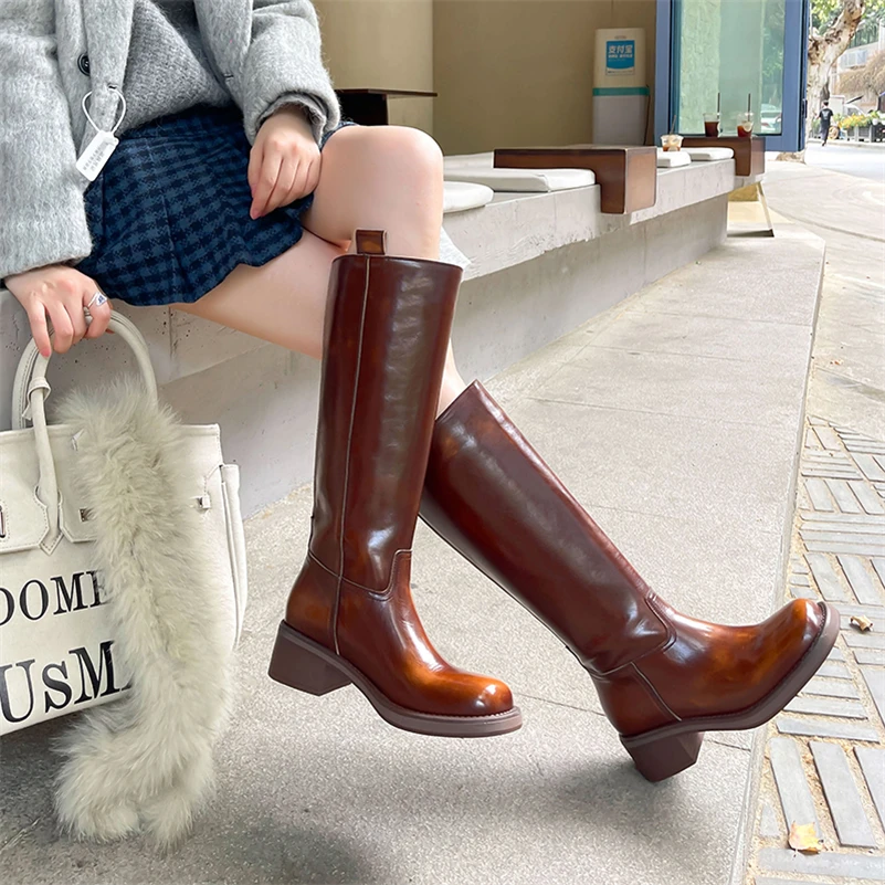 Meotina Women Genuine Leather Knee High Boots Round Toe Platform Thick Mid Heels Long Boot Ladies Fashion Shoes Autumn Winter