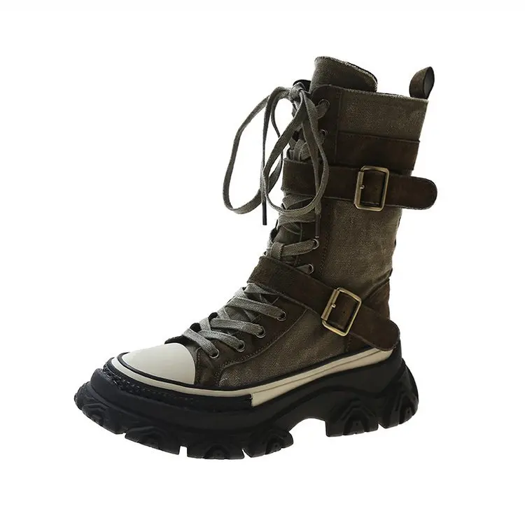Rock Shoes Woman Luxury Designer Flat Heel Boots-Women Round Toe Fashion 2024 Ladies Autumn Med Ankle Slip-On Cotton Fabric