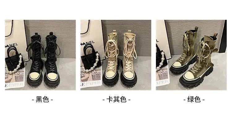 Rock Shoes Woman Luxury Designer Flat Heel Boots-Women Round Toe Fashion 2024 Ladies Autumn Med Ankle Slip-On Cotton Fabric