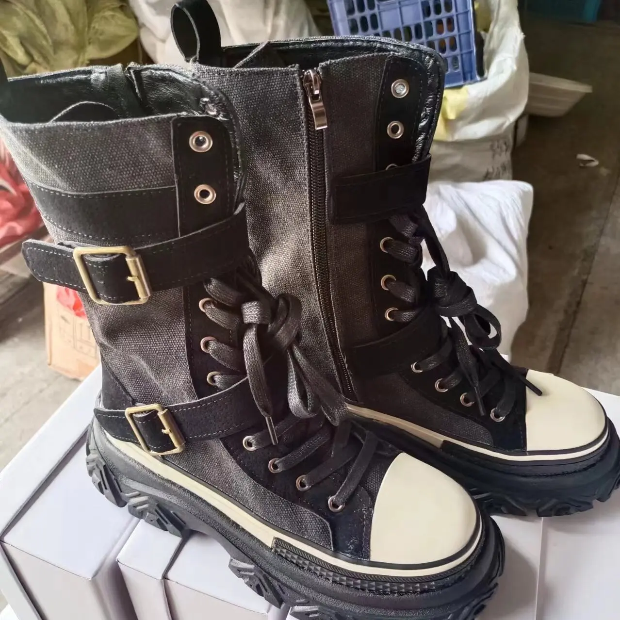 Rock Shoes Woman Luxury Designer Flat Heel Boots-Women Round Toe Fashion 2024 Ladies Autumn Med Ankle Slip-On Cotton Fabric