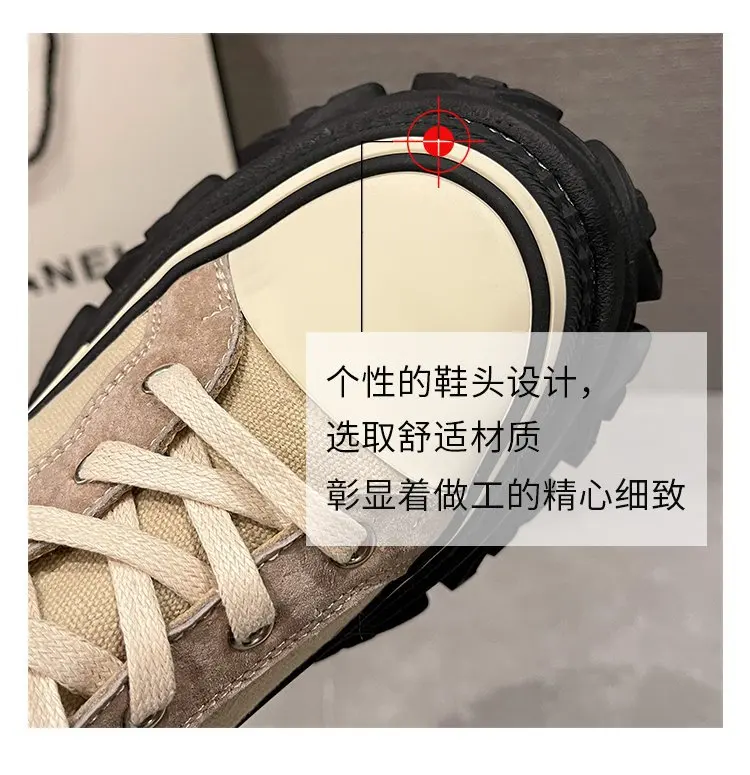 Rock Shoes Woman Luxury Designer Flat Heel Boots-Women Round Toe Fashion 2024 Ladies Autumn Med Ankle Slip-On Cotton Fabric
