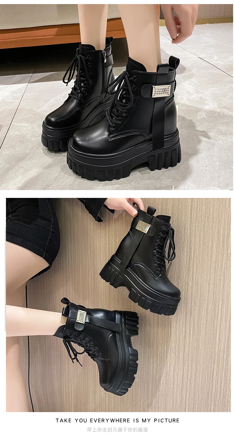 Women's High Platform Motorcycles Boots Winter 10CM Wedge Heels Warm Ankle Boots Chunky Sneakers New Autumn Leather Shoes Woman