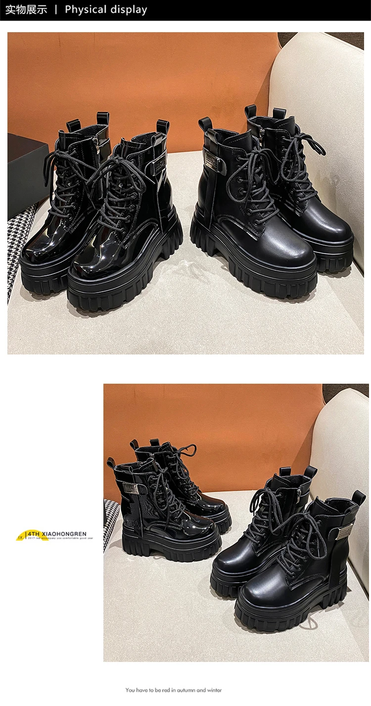 Women's High Platform Motorcycles Boots Winter 10CM Wedge Heels Warm Ankle Boots Chunky Sneakers New Autumn Leather Shoes Woman