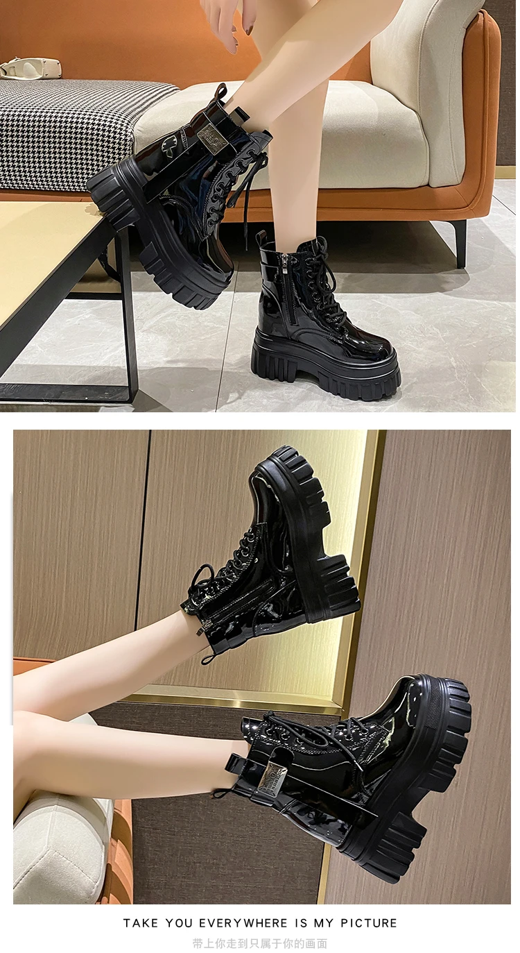 Women's High Platform Motorcycles Boots Winter 10CM Wedge Heels Warm Ankle Boots Chunky Sneakers New Autumn Leather Shoes Woman