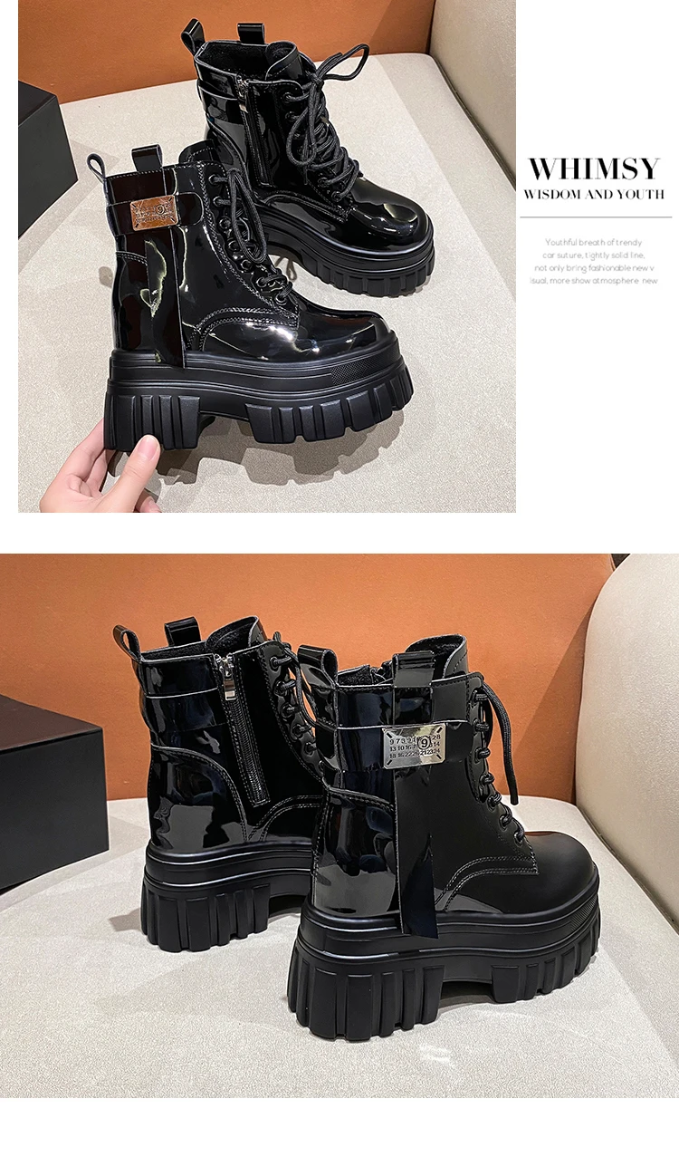 Women's High Platform Motorcycles Boots Winter 10CM Wedge Heels Warm Ankle Boots Chunky Sneakers New Autumn Leather Shoes Woman