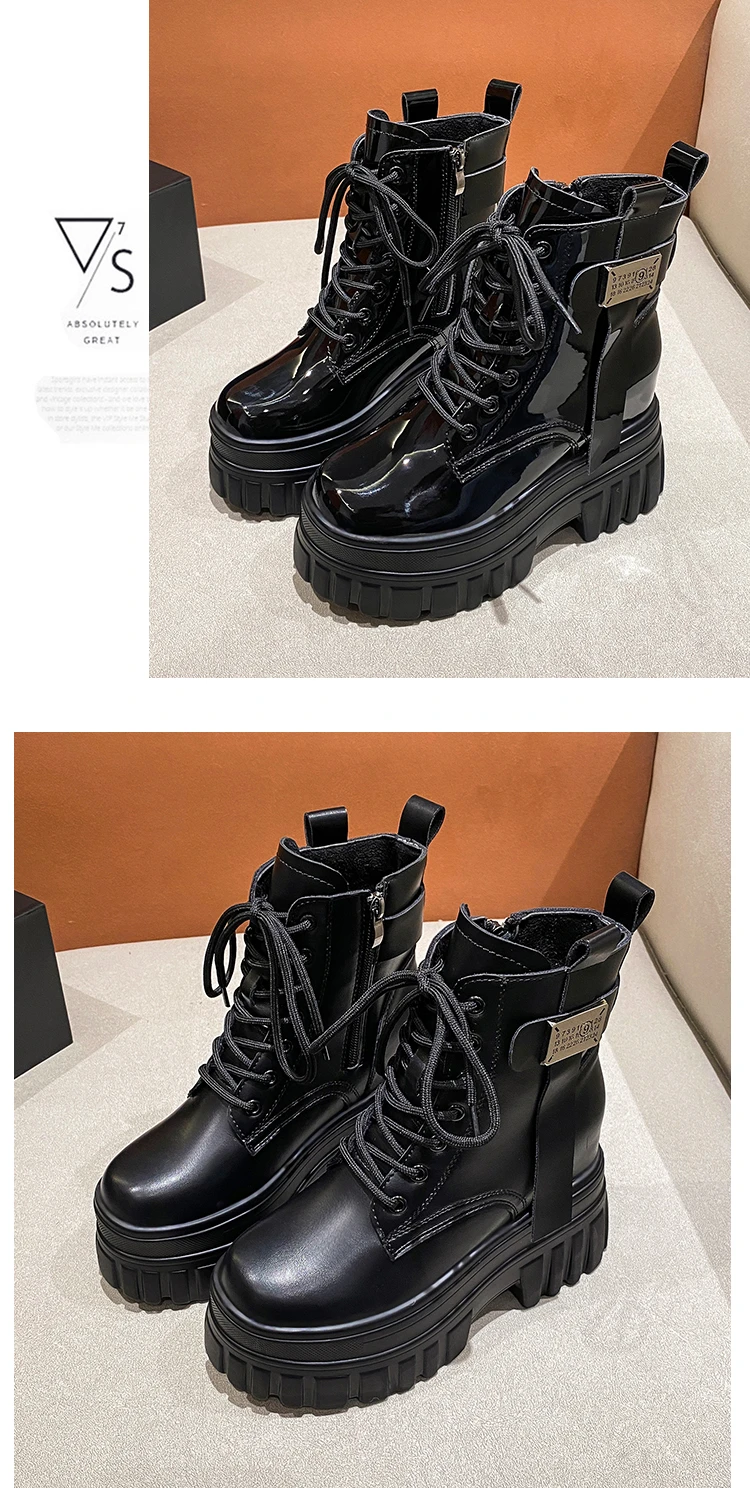 Women's High Platform Motorcycles Boots Winter 10CM Wedge Heels Warm Ankle Boots Chunky Sneakers New Autumn Leather Shoes Woman