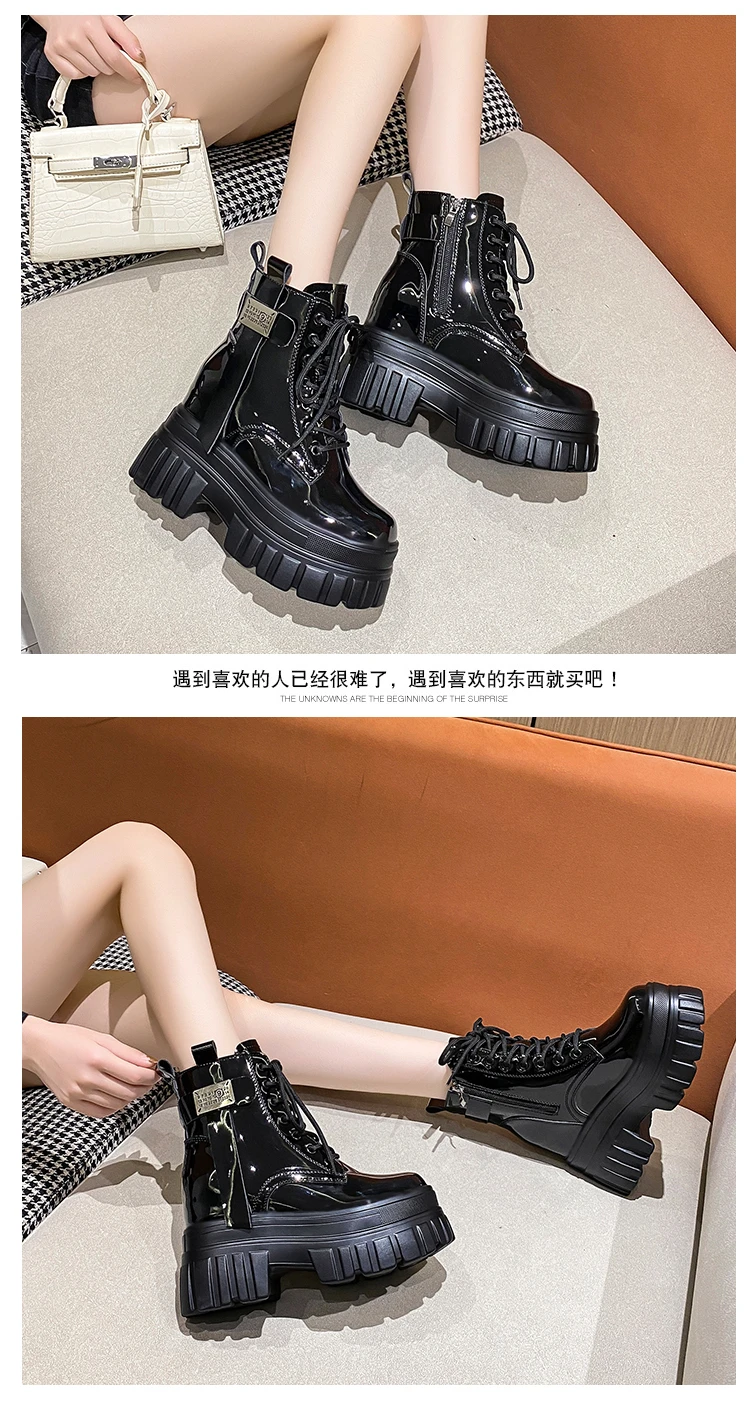 Women's High Platform Motorcycles Boots Winter 10CM Wedge Heels Warm Ankle Boots Chunky Sneakers New Autumn Leather Shoes Woman