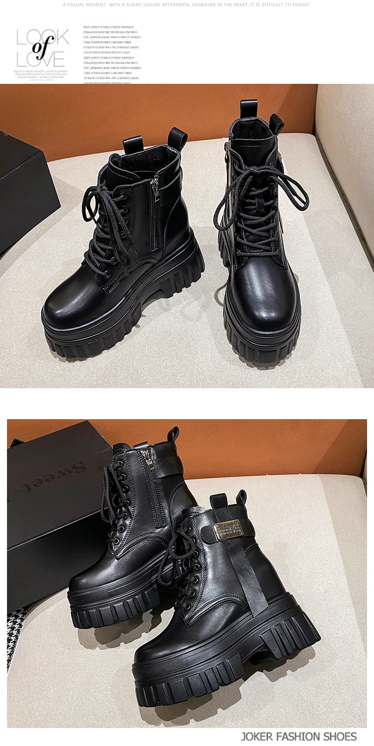 Women's High Platform Motorcycles Boots Winter 10CM Wedge Heels Warm Ankle Boots Chunky Sneakers New Autumn Leather Shoes Woman