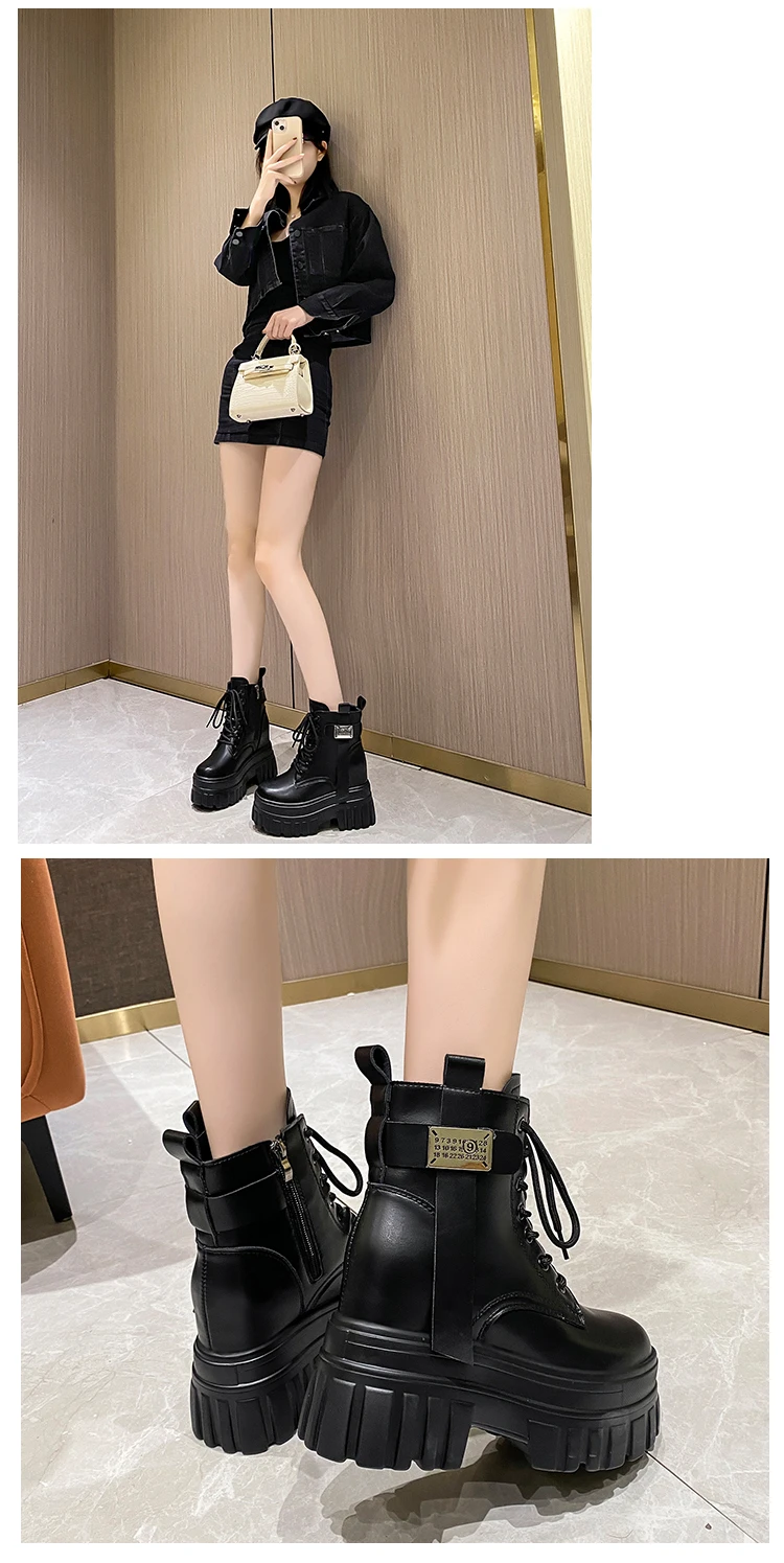 Women's High Platform Motorcycles Boots Winter 10CM Wedge Heels Warm Ankle Boots Chunky Sneakers New Autumn Leather Shoes Woman