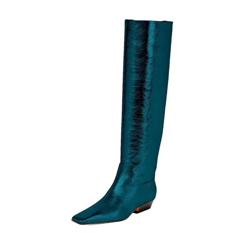 Arden Furtado Women's Patent Leather Slip-On Knee High Boots Square-Head Large Size Middle Heel Autumn Crocodile Grain Knight Bo