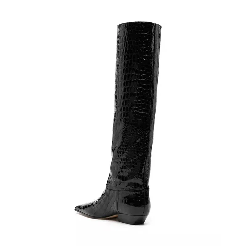 Arden Furtado Women's Patent Leather Slip-On Knee High Boots Square-Head Large Size Middle Heel Autumn Crocodile Grain Knight Bo