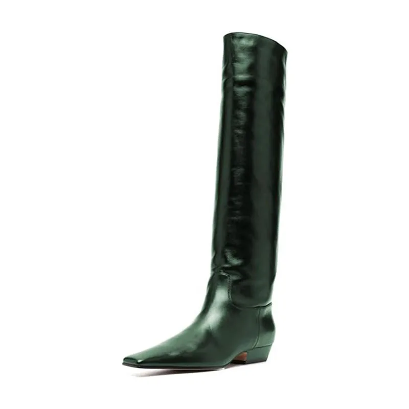 Arden Furtado Women's Patent Leather Slip-On Knee High Boots Square-Head Large Size Middle Heel Autumn Crocodile Grain Knight Bo