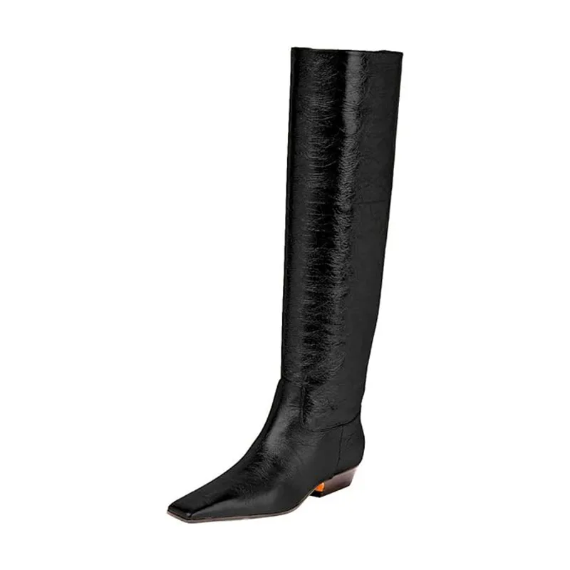 Arden Furtado Women's Patent Leather Slip-On Knee High Boots Square-Head Large Size Middle Heel Autumn Crocodile Grain Knight Bo