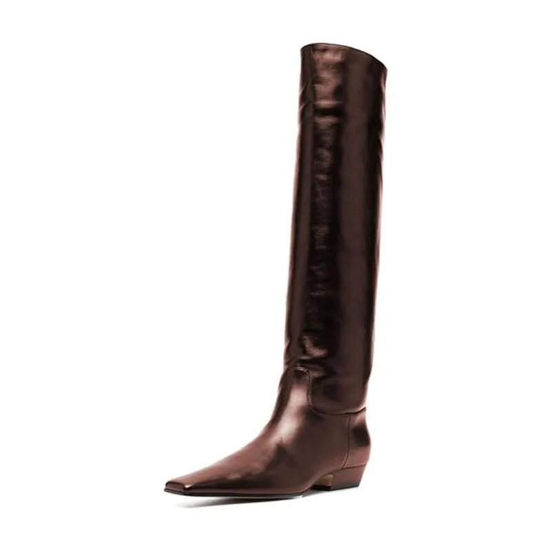 Arden Furtado Women's Patent Leather Slip-On Knee High Boots Square-Head Large Size Middle Heel Autumn Crocodile Grain Knight Bo