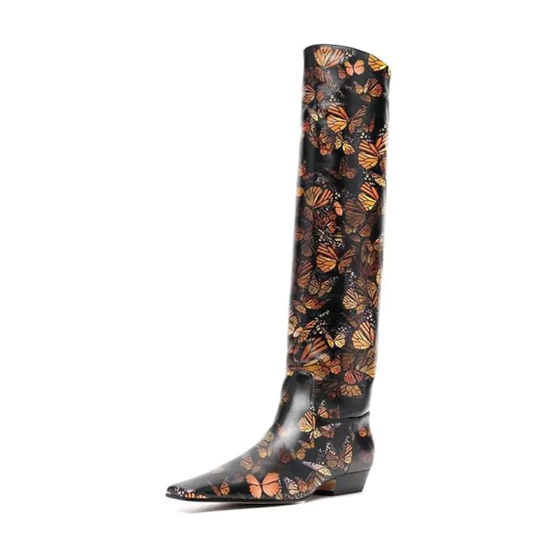 Arden Furtado Women's Patent Leather Slip-On Knee High Boots Square-Head Large Size Middle Heel Autumn Crocodile Grain Knight Bo
