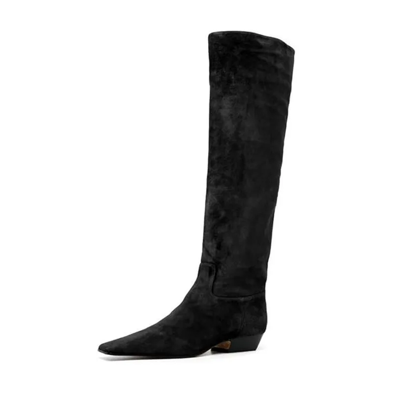 Arden Furtado Women's Patent Leather Slip-On Knee High Boots Square-Head Large Size Middle Heel Autumn Crocodile Grain Knight Bo