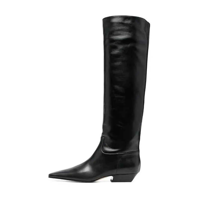 Arden Furtado Women's Patent Leather Slip-On Knee High Boots Square-Head Large Size Middle Heel Autumn Crocodile Grain Knight Bo