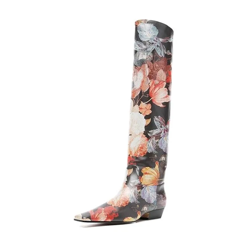 Arden Furtado Women's Patent Leather Slip-On Knee High Boots Square-Head Large Size Middle Heel Autumn Crocodile Grain Knight Bo