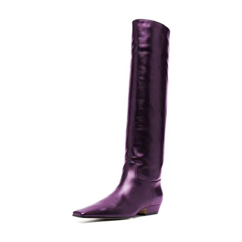 Arden Furtado Women's Patent Leather Slip-On Knee High Boots Square-Head Large Size Middle Heel Autumn Crocodile Grain Knight Bo