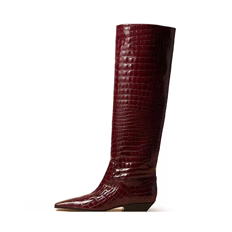 Arden Furtado Women's Patent Leather Slip-On Knee High Boots Square-Head Large Size Middle Heel Autumn Crocodile Grain Knight Bo