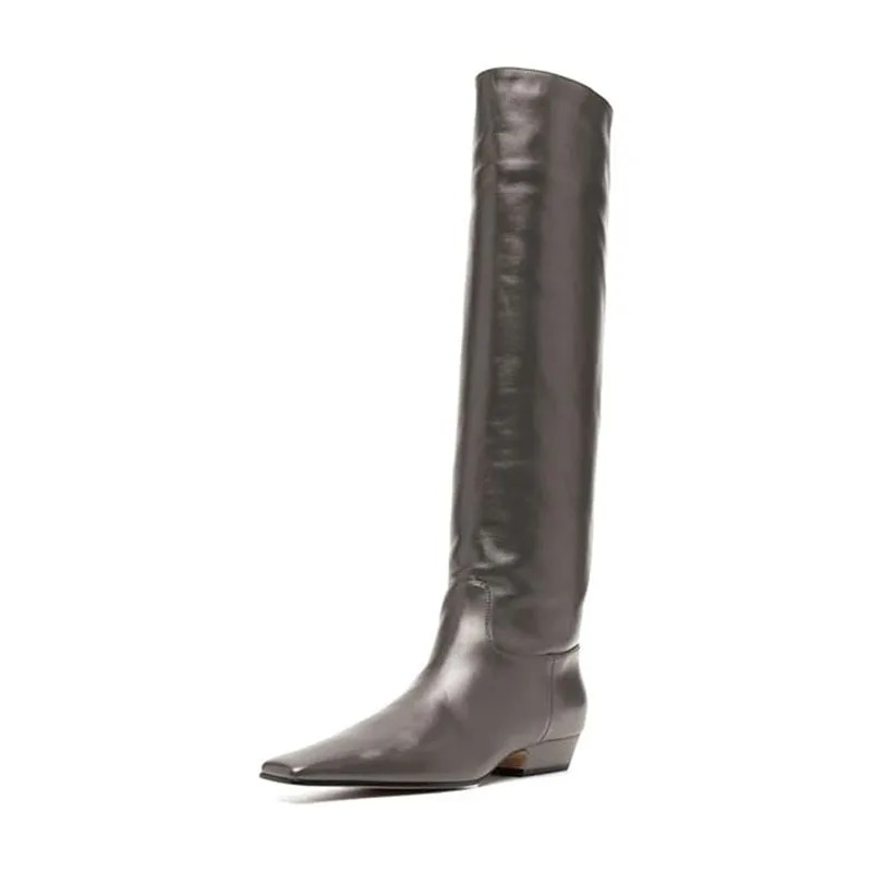 Arden Furtado Women's Patent Leather Slip-On Knee High Boots Square-Head Large Size Middle Heel Autumn Crocodile Grain Knight Bo