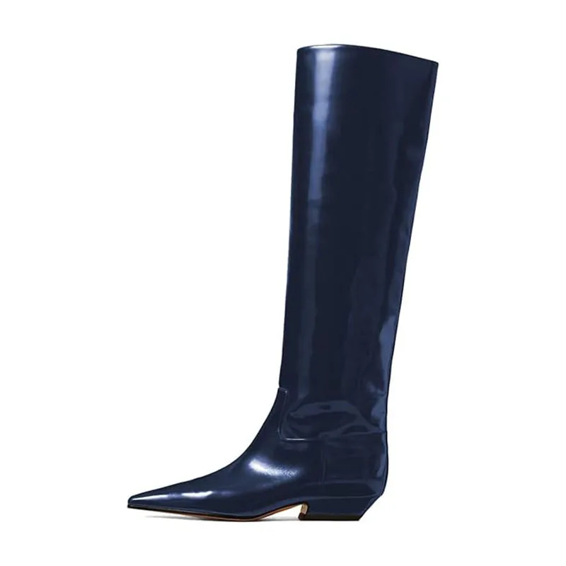 Arden Furtado Women's Patent Leather Slip-On Knee High Boots Square-Head Large Size Middle Heel Autumn Crocodile Grain Knight Bo