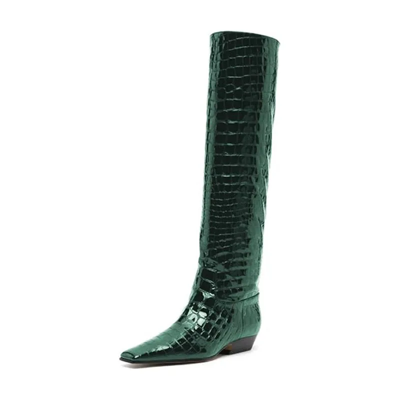 Arden Furtado Women's Patent Leather Slip-On Knee High Boots Square-Head Large Size Middle Heel Autumn Crocodile Grain Knight Bo