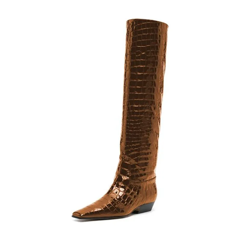 Arden Furtado Women's Patent Leather Slip-On Knee High Boots Square-Head Large Size Middle Heel Autumn Crocodile Grain Knight Bo