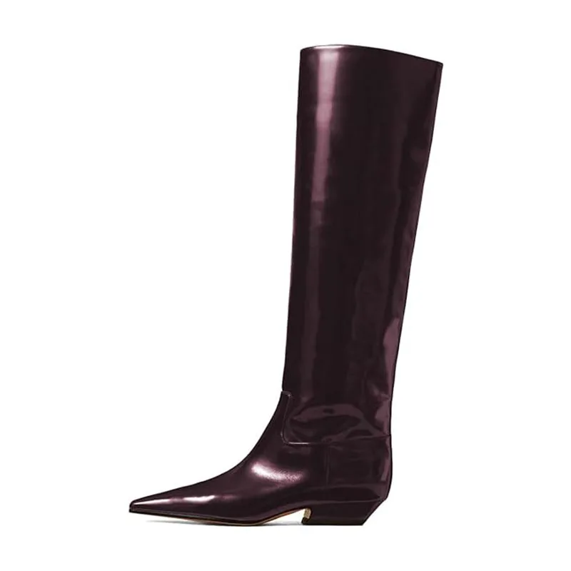Arden Furtado Women's Patent Leather Slip-On Knee High Boots Square-Head Large Size Middle Heel Autumn Crocodile Grain Knight Bo