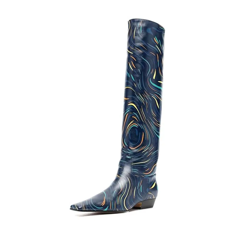 Arden Furtado Women's Patent Leather Slip-On Knee High Boots Square-Head Large Size Middle Heel Autumn Crocodile Grain Knight Bo