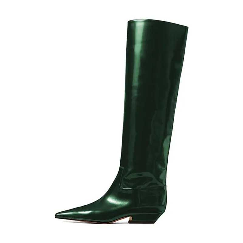 Arden Furtado Women's Patent Leather Slip-On Knee High Boots Square-Head Large Size Middle Heel Autumn Crocodile Grain Knight Bo