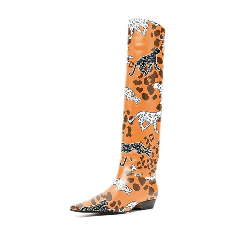 Arden Furtado Women's Patent Leather Slip-On Knee High Boots Square-Head Large Size Middle Heel Autumn Crocodile Grain Knight Bo