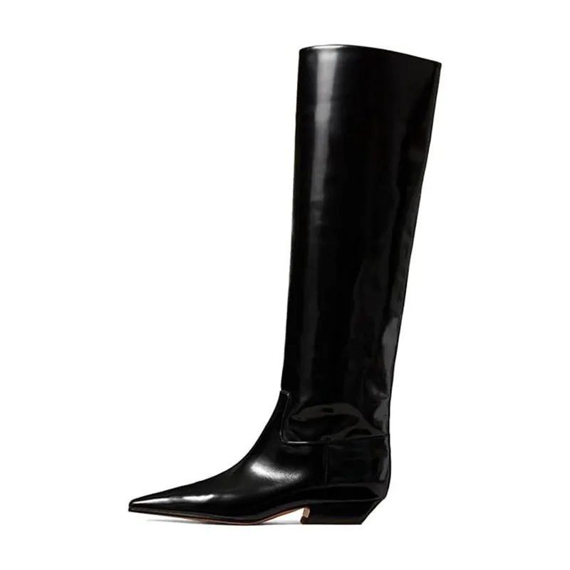 Arden Furtado Women's Patent Leather Slip-On Knee High Boots Square-Head Large Size Middle Heel Autumn Crocodile Grain Knight Bo