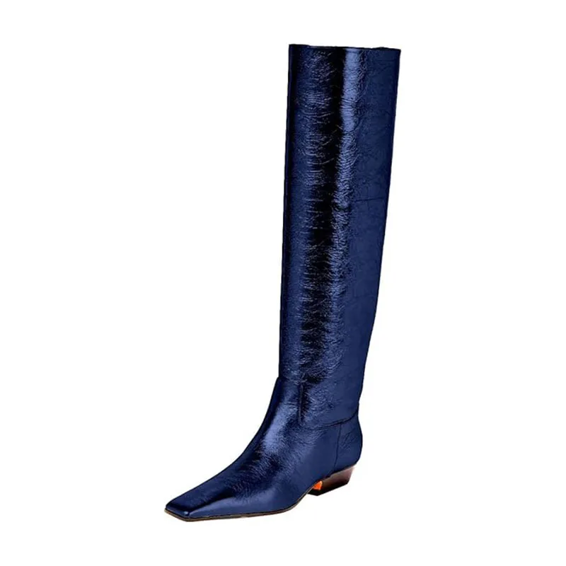 Arden Furtado Women's Patent Leather Slip-On Knee High Boots Square-Head Large Size Middle Heel Autumn Crocodile Grain Knight Bo