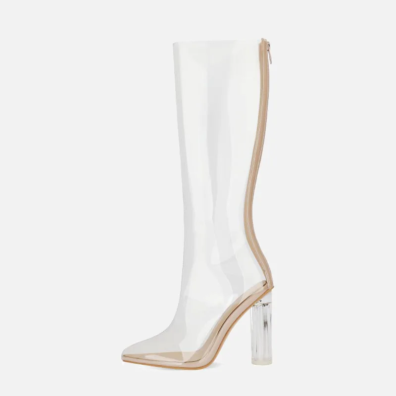 Women Laser PVC Knee Boots Pointed Toe Hoof Crystal High Heel Transparent Long Boots Female Zipper Boots