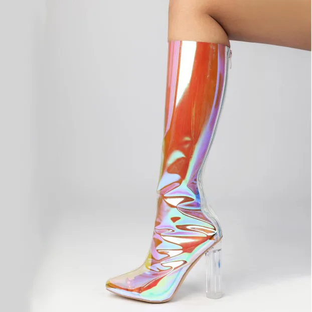 Women Laser PVC Knee Boots Pointed Toe Hoof Crystal High Heel Transparent Long Boots Female Zipper Boots