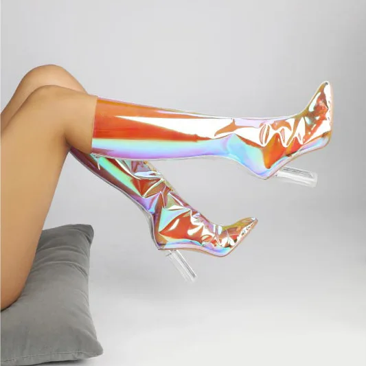 Women Laser PVC Knee Boots Pointed Toe Hoof Crystal High Heel Transparent Long Boots Female Zipper Boots