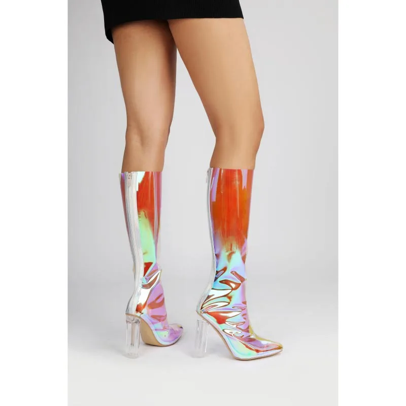 Women Laser PVC Knee Boots Pointed Toe Hoof Crystal High Heel Transparent Long Boots Female Zipper Boots
