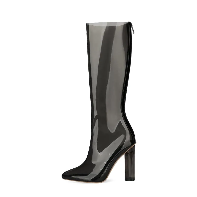 Women Laser PVC Knee Boots Pointed Toe Hoof Crystal High Heel Transparent Long Boots Female Zipper Boots