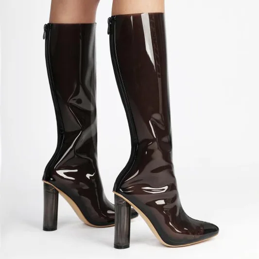 Women Laser PVC Knee Boots Pointed Toe Hoof Crystal High Heel Transparent Long Boots Female Zipper Boots