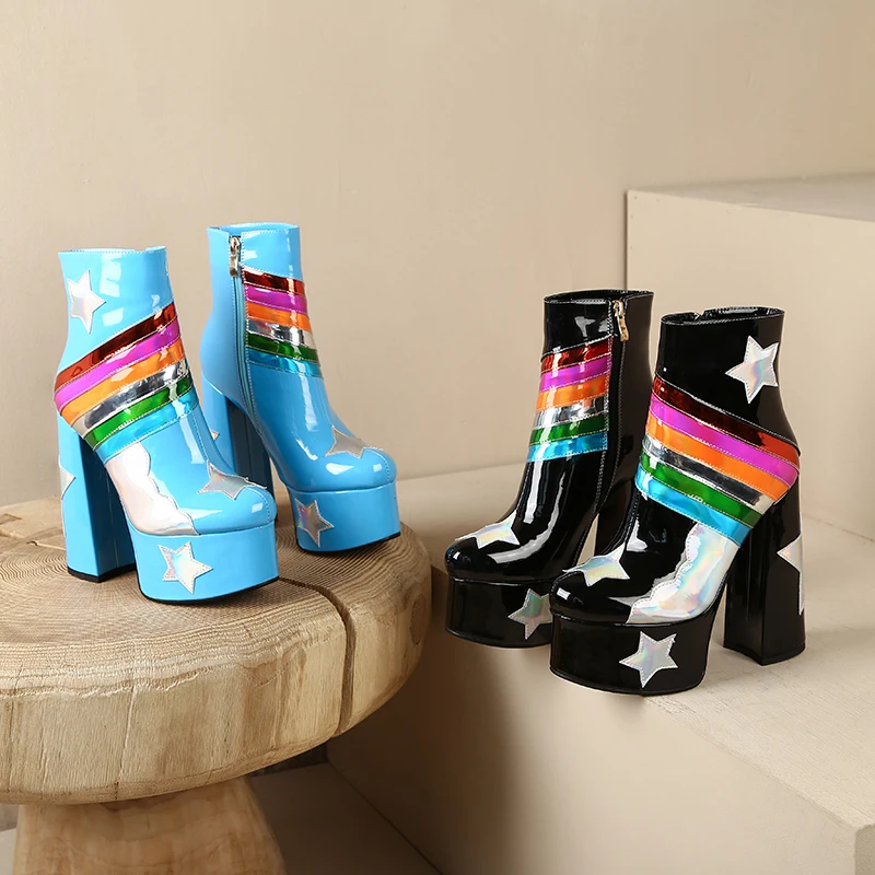 【JOCHEBED HU】Rainbow Super High Platform Short Boots for Women Sky Clouds Thick Bottom Leather Long Designer Zipper Sexy 36-43