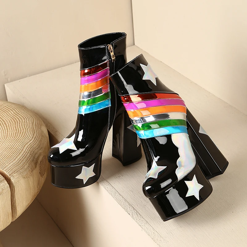 【JOCHEBED HU】Rainbow Super High Platform Short Boots for Women Sky Clouds Thick Bottom Leather Long Designer Zipper Sexy 36-43